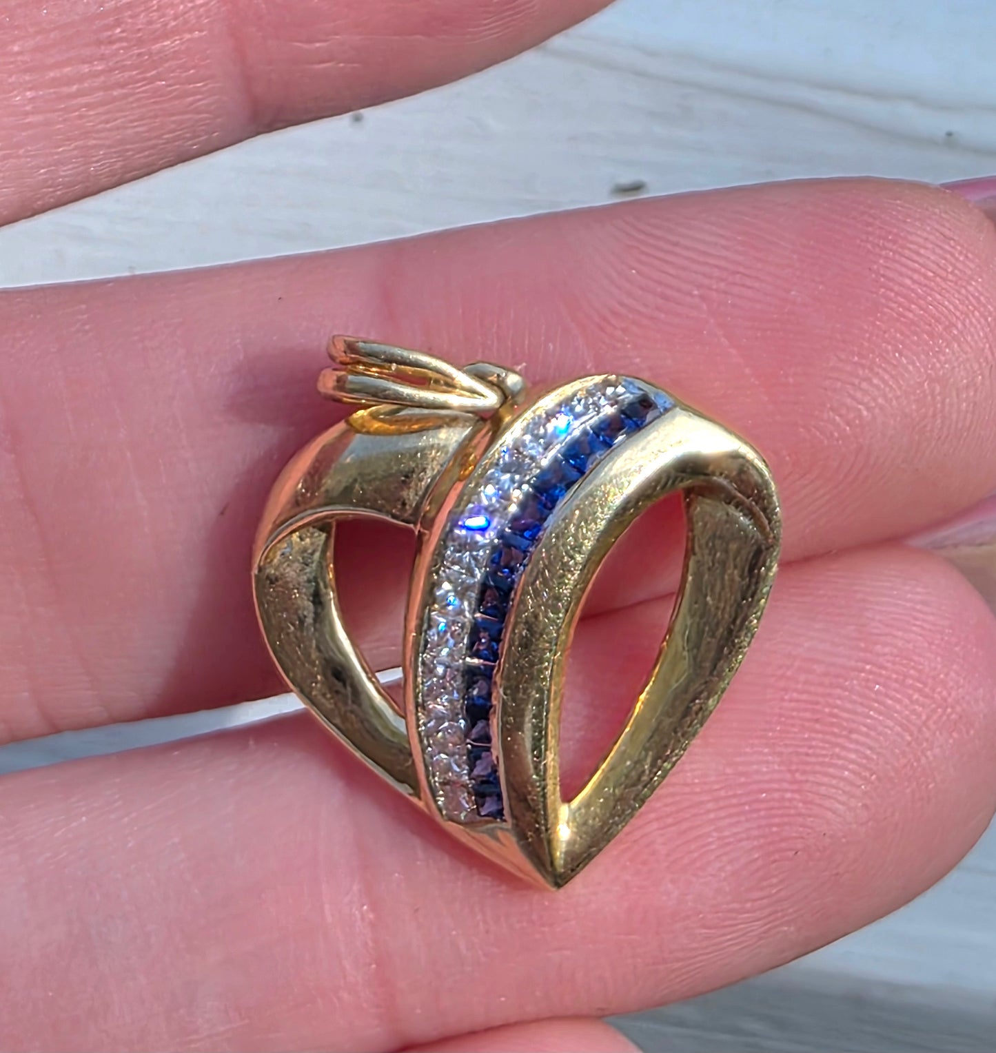 Sapphire & Diamond Channel Set Open Heart Pendant