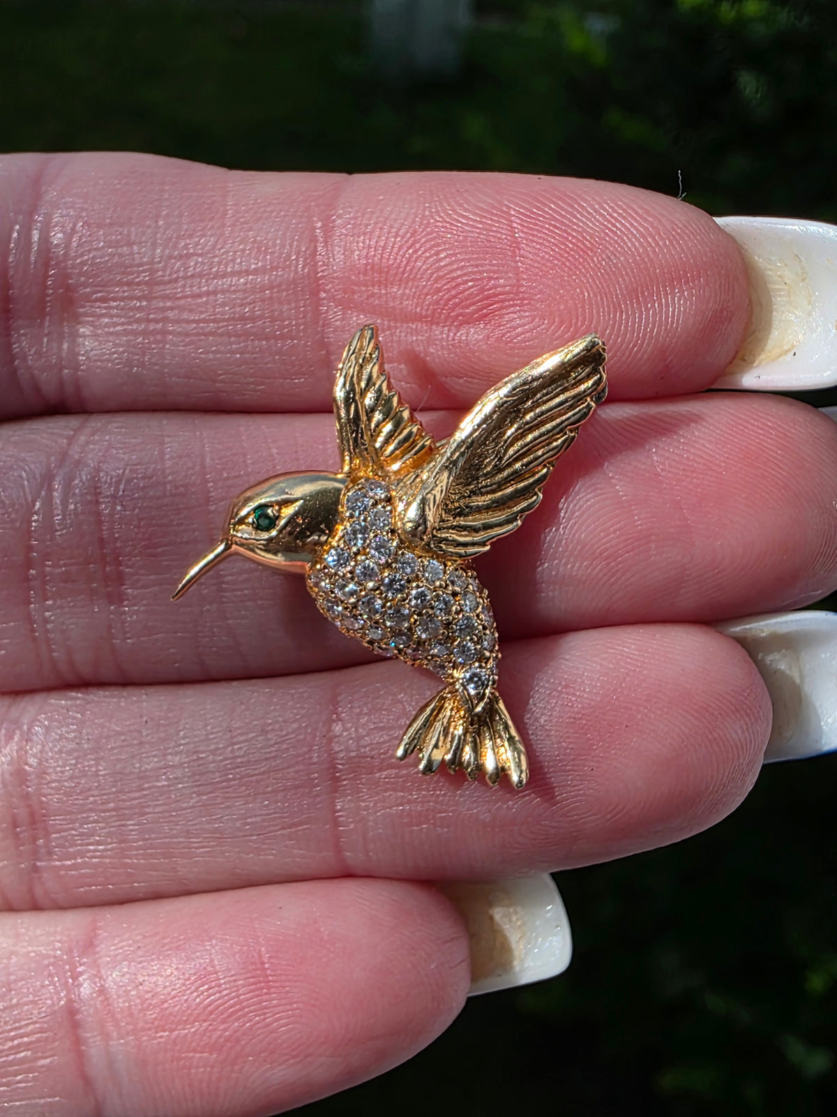 Vintage 14k Yellow Gold, Diamond & Emerald Hummingbird Brooch Pin