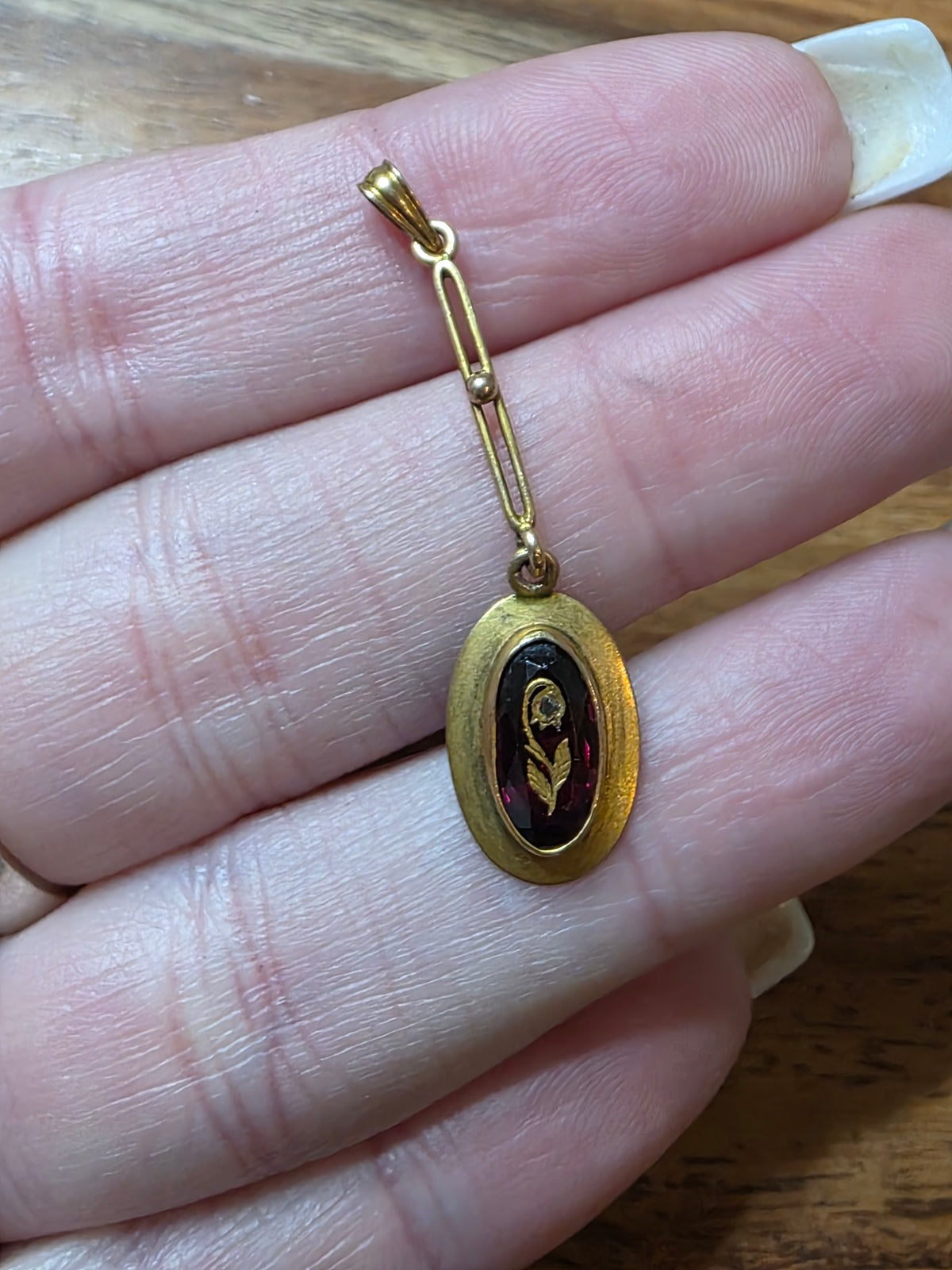 Antique 10k Gold Rhodolite Garnet Rose Cut Diamond Rose Of Sharon Lavalier