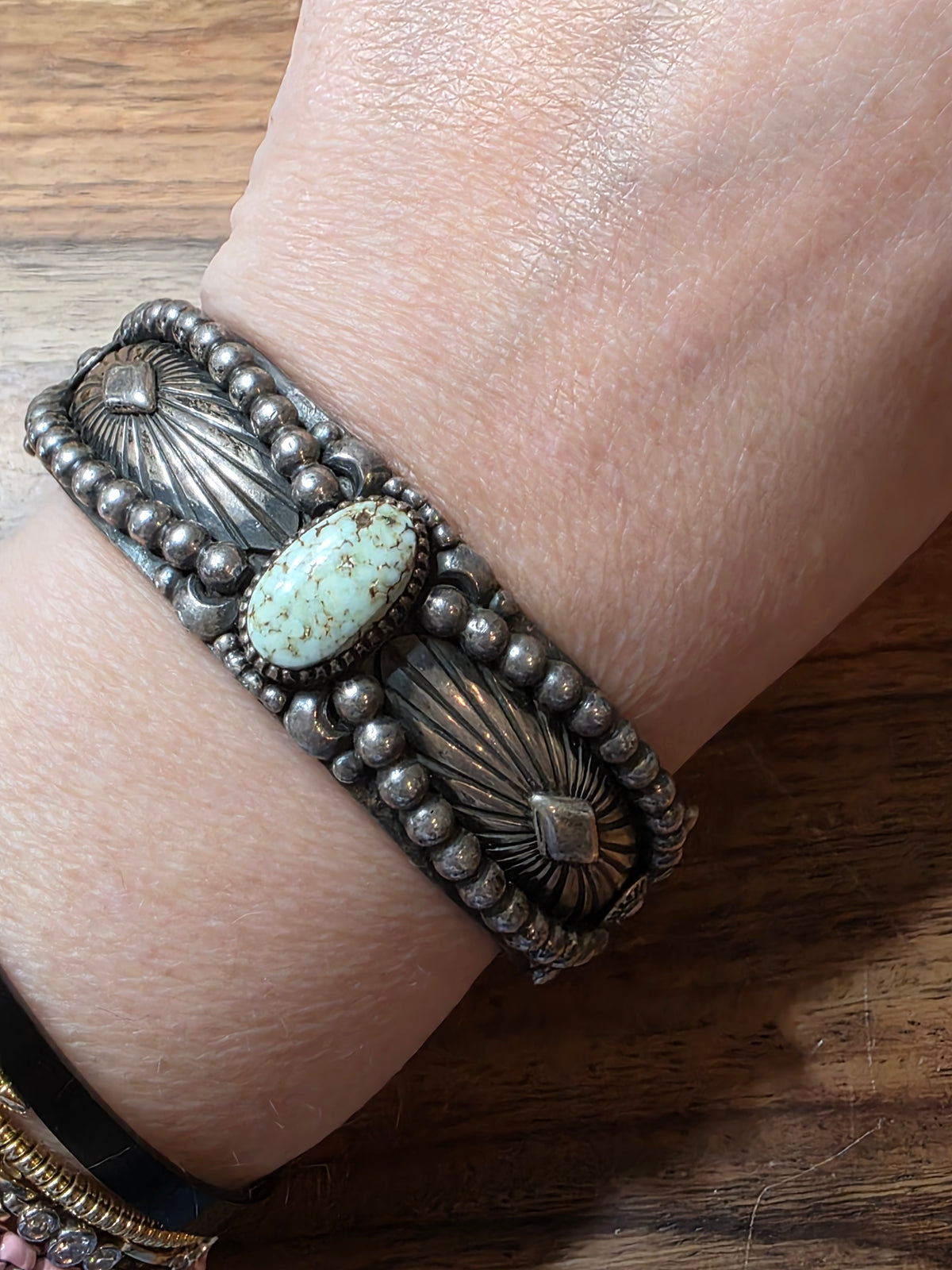 Navajo Delbert Gordon Dry Creek Turquoise Ornate Sterling Silver Cuff Bracelet