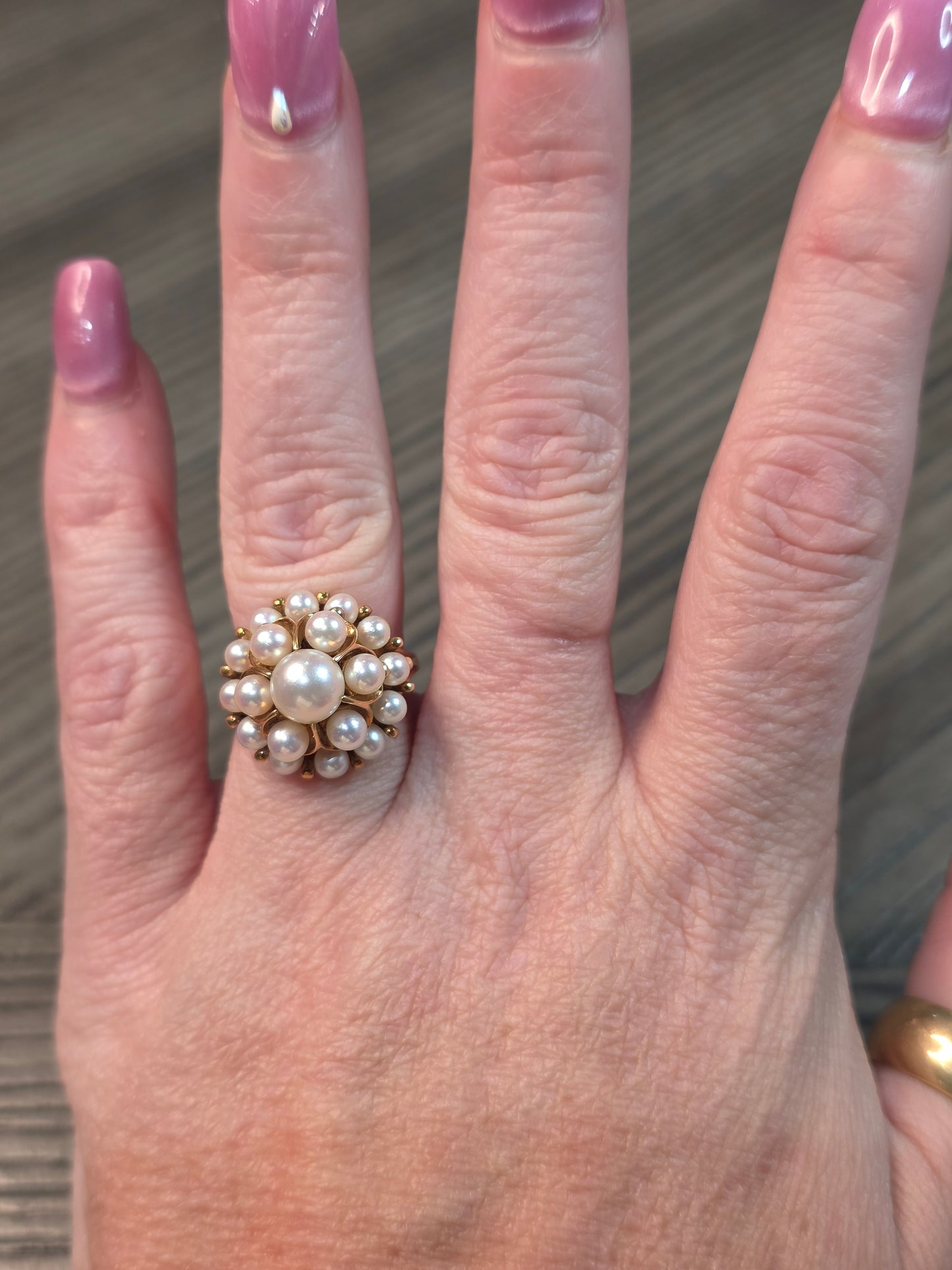 Vintage Mikimoto 14k Gold Akoya Pearl Tiered Cluster Ring