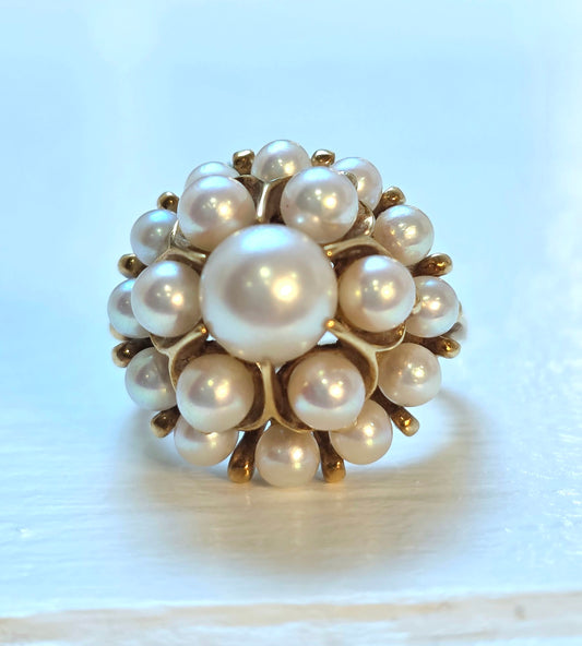 Vintage Mikimoto 14k Gold Akoya Pearl Tiered Cluster Ring