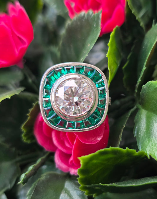 14k White Gold 3 Carat Lab Diamond & Tsavorite Garnet Halo Ring