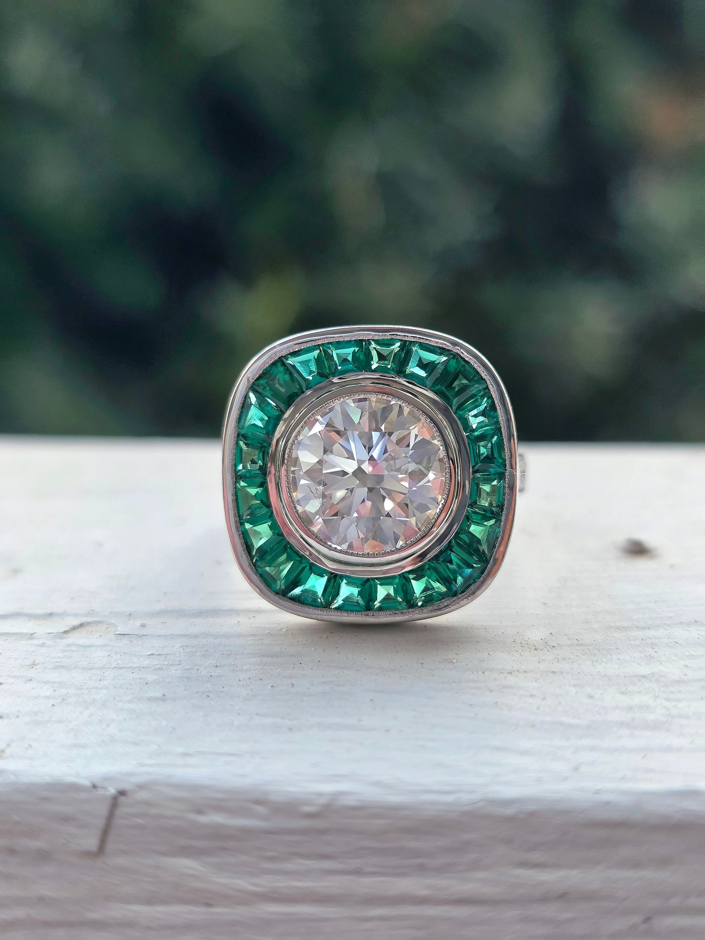 14k White Gold 3 Carat Lab Diamond & Tsavorite Garnet Halo Ring