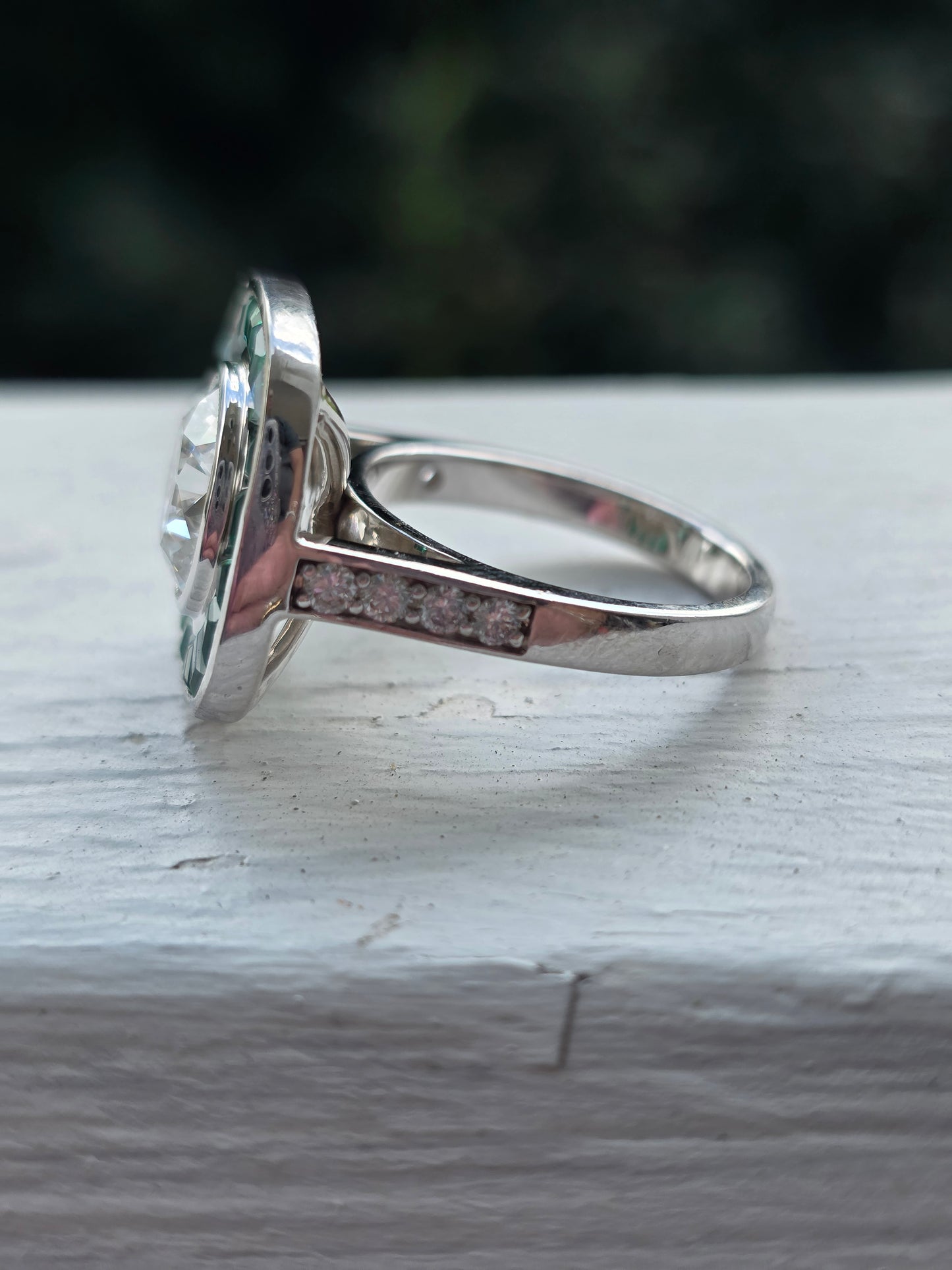 14k White Gold 3 Carat Lab Diamond & Tsavorite Garnet Halo Ring