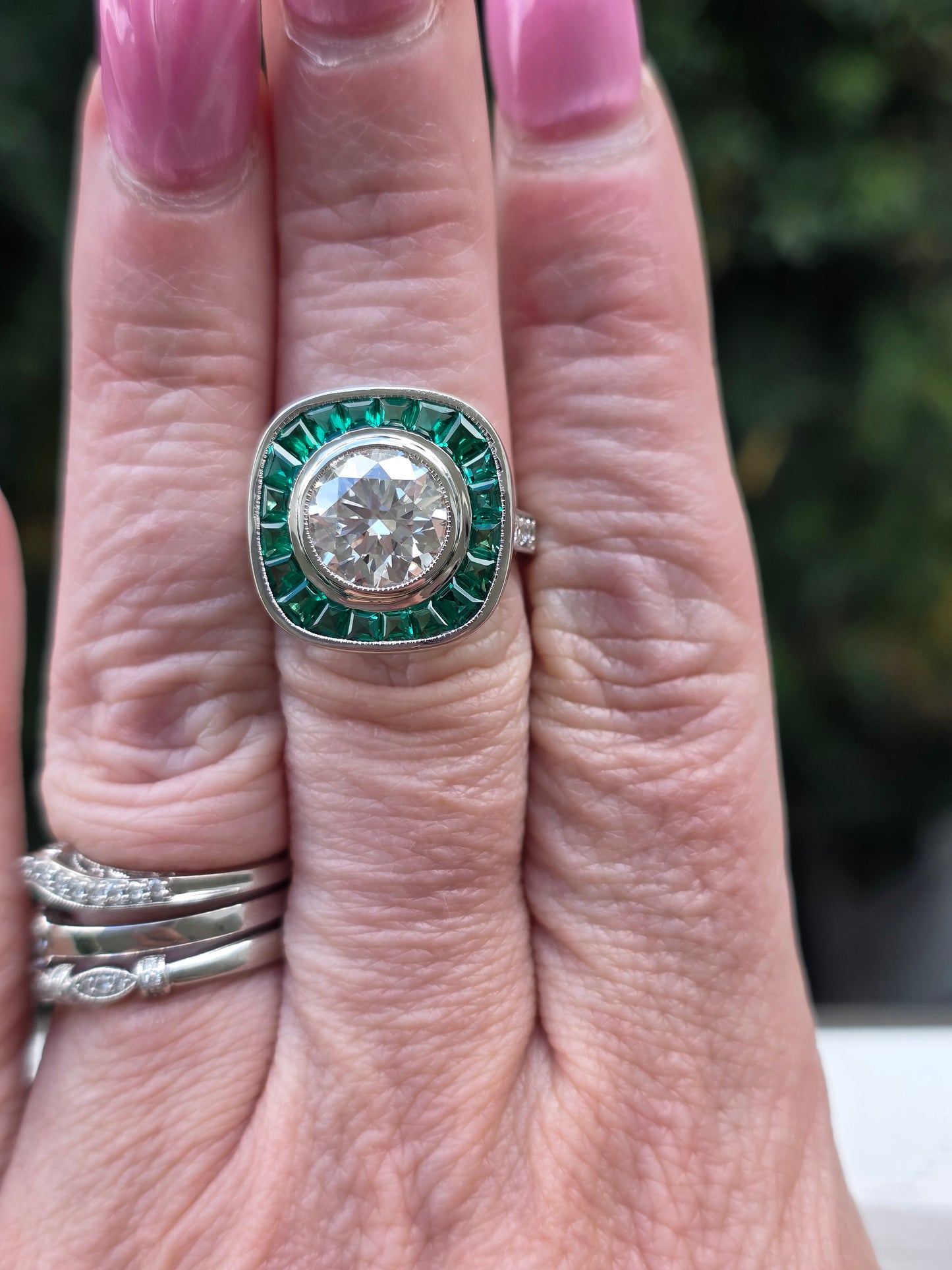 14k White Gold 3 Carat Lab Diamond & Tsavorite Garnet Halo Ring
