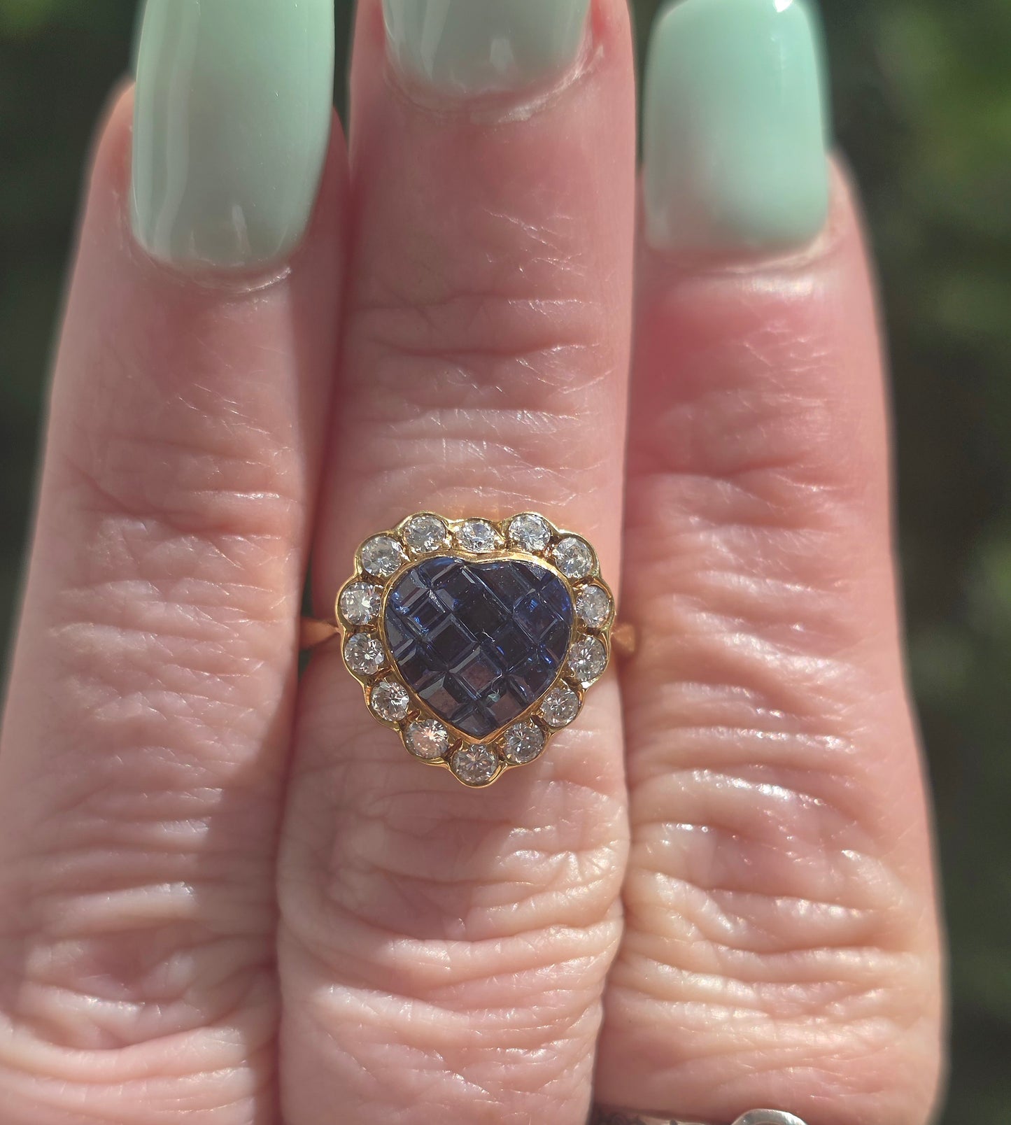 Vintage 18k Invisibly Set Sapphire and Diamond Halo Heart Ring