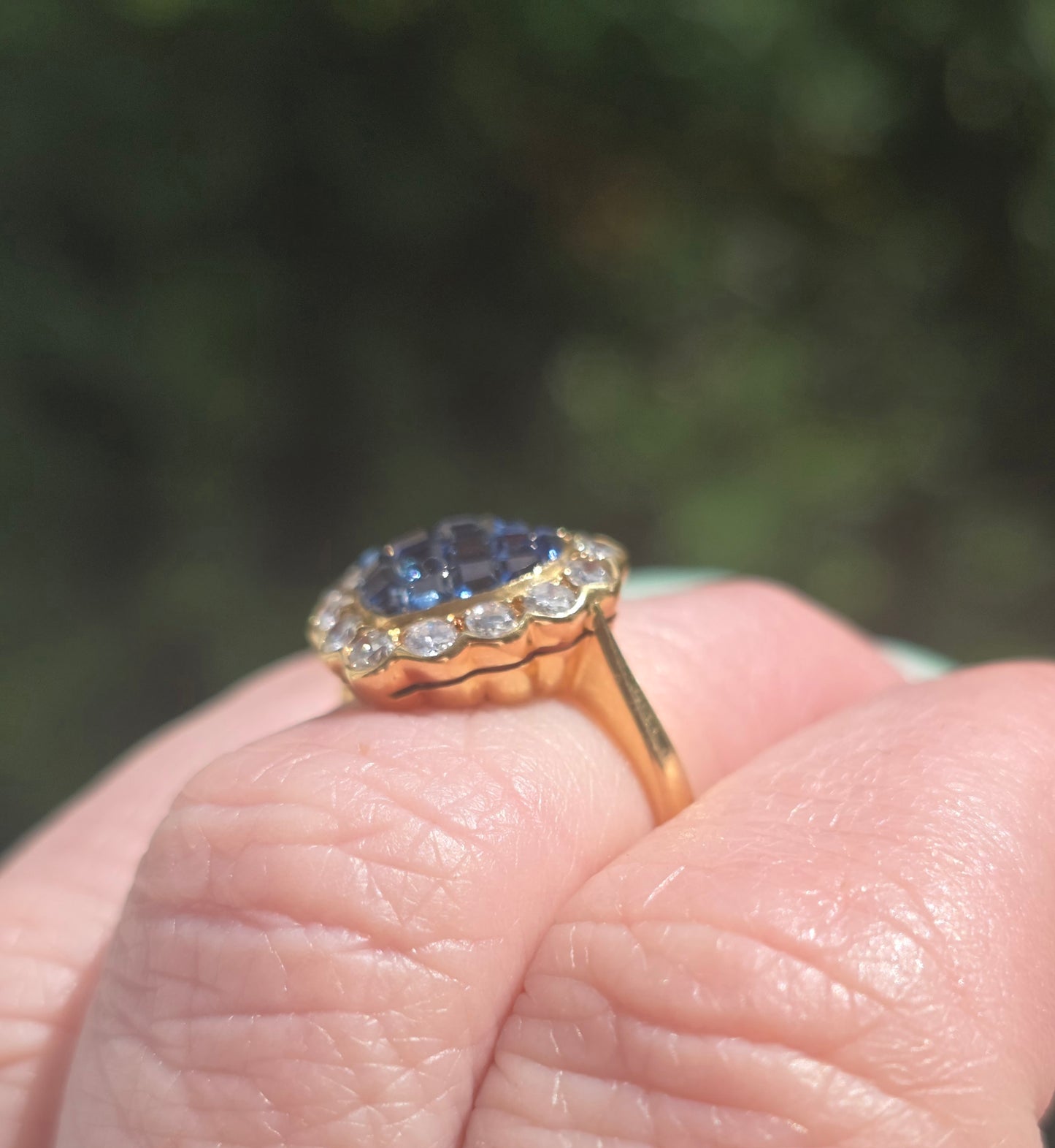 Vintage 18k Invisibly Set Sapphire and Diamond Halo Heart Ring