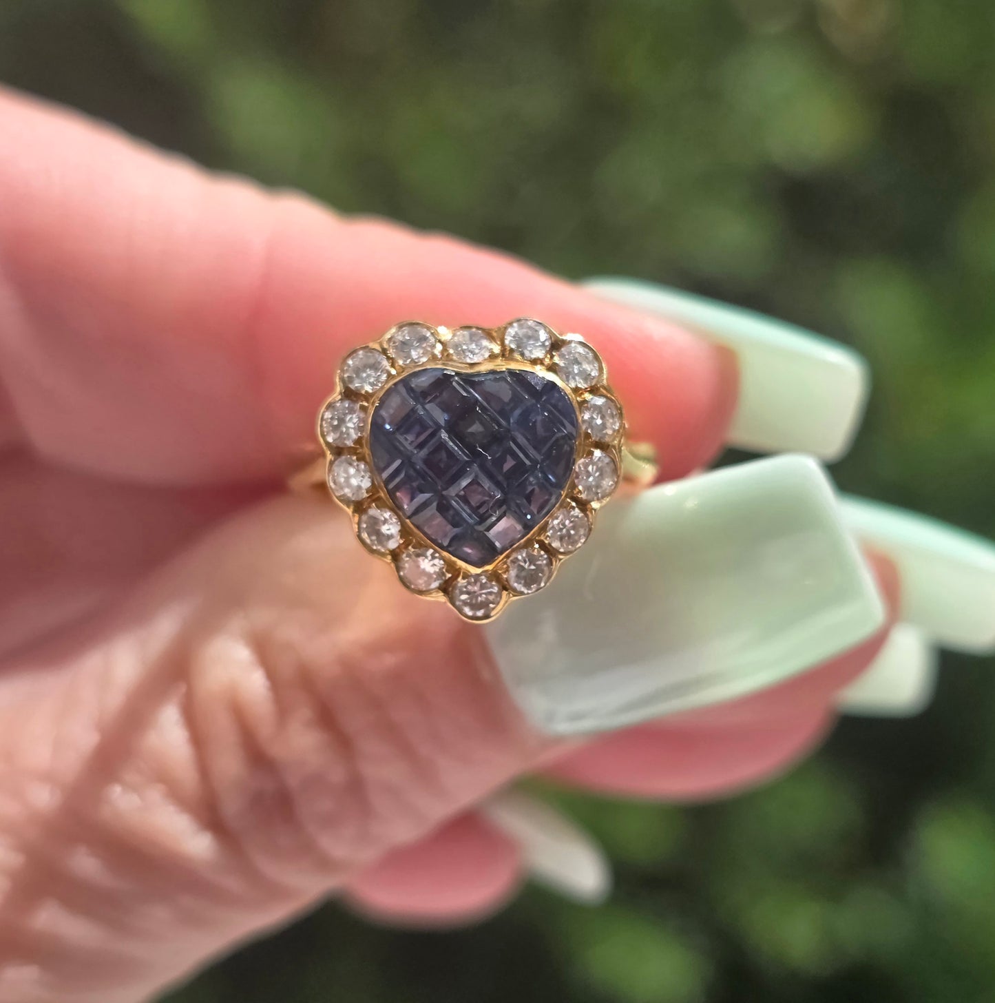Vintage 18k Invisibly Set Sapphire and Diamond Halo Heart Ring