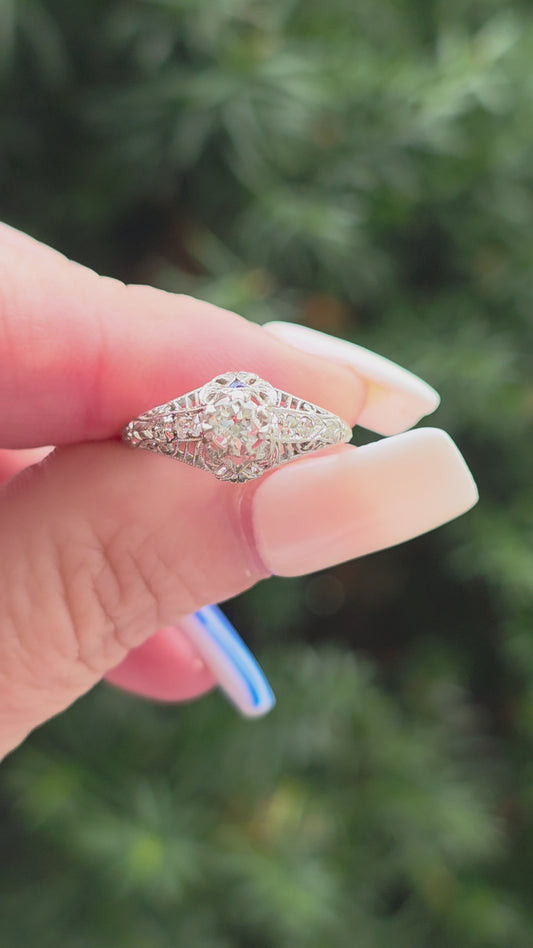 Art Deco Platinum OEC Diamond Filigree Ring