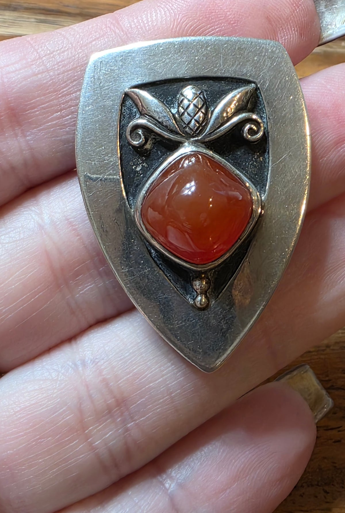 Vtg Georg Jensen USA Sterling 925 Carnelian Pinecone Shield Brooch Pin #480 1940