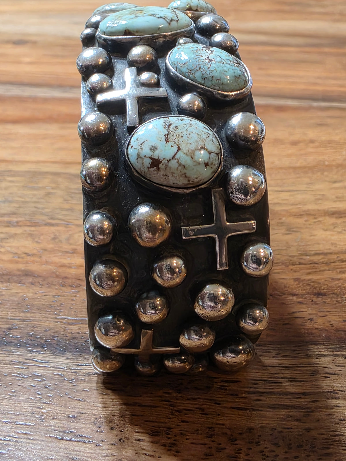 Navajo Ronnie Willie Dry Creek Turquoise Sterling Silver Cross Cuff Bracelet