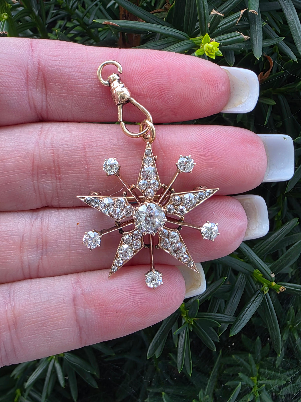 Antique Victorian 14K Gold Diamond Celestial Starburst Brooch Pendant Old European Cut 3.3ctw