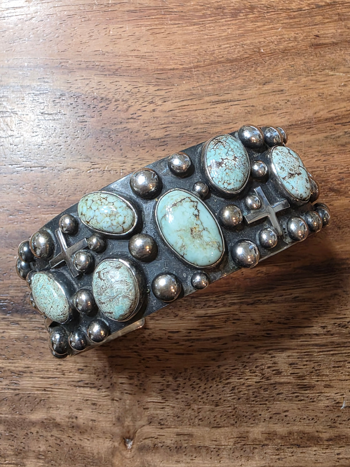 Navajo Ronnie Willie Dry Creek Turquoise Sterling Silver Cross Cuff Bracelet