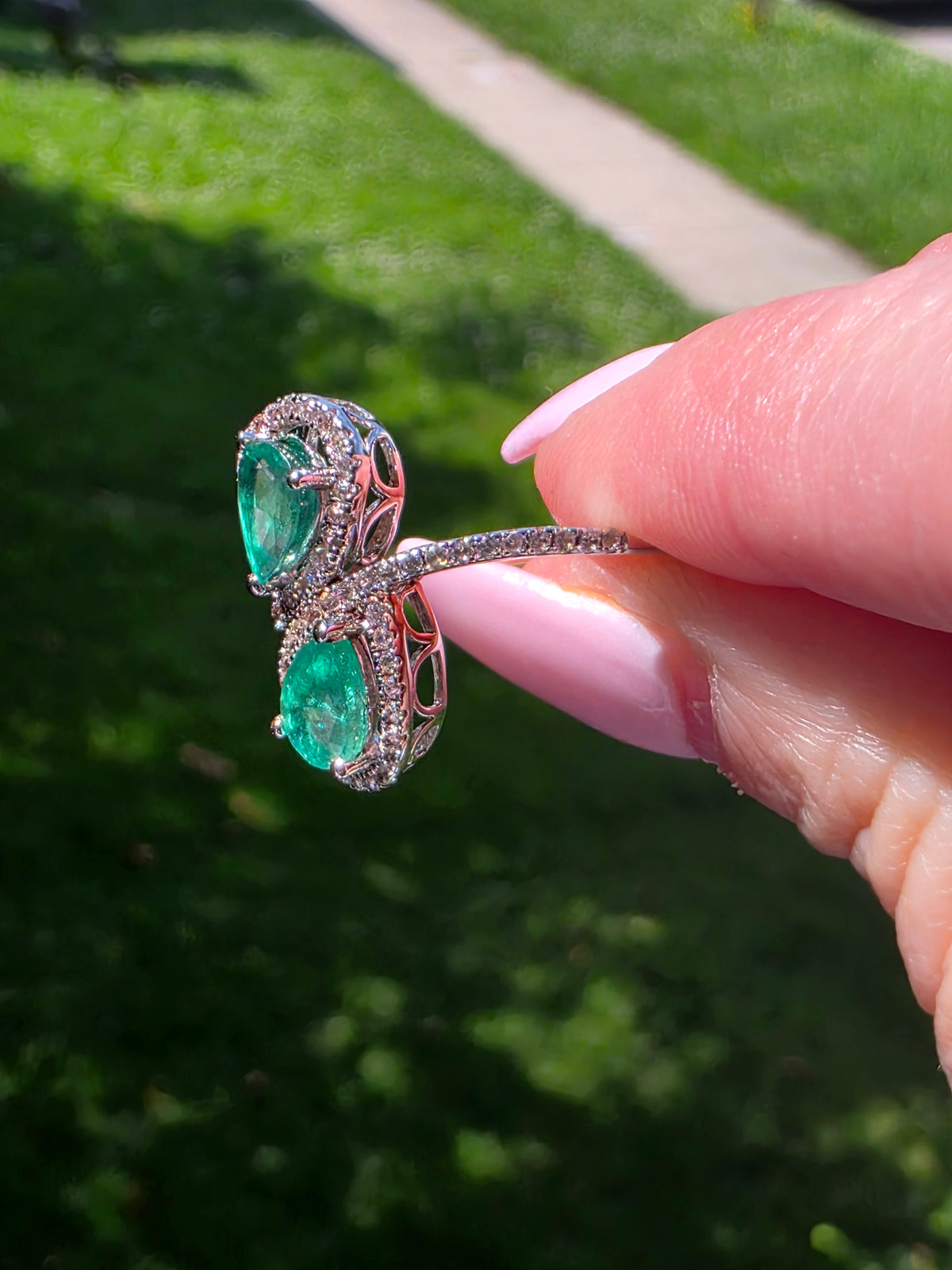 Sterling Silver Natural Emerald & Diamond Toi et Moi Ring