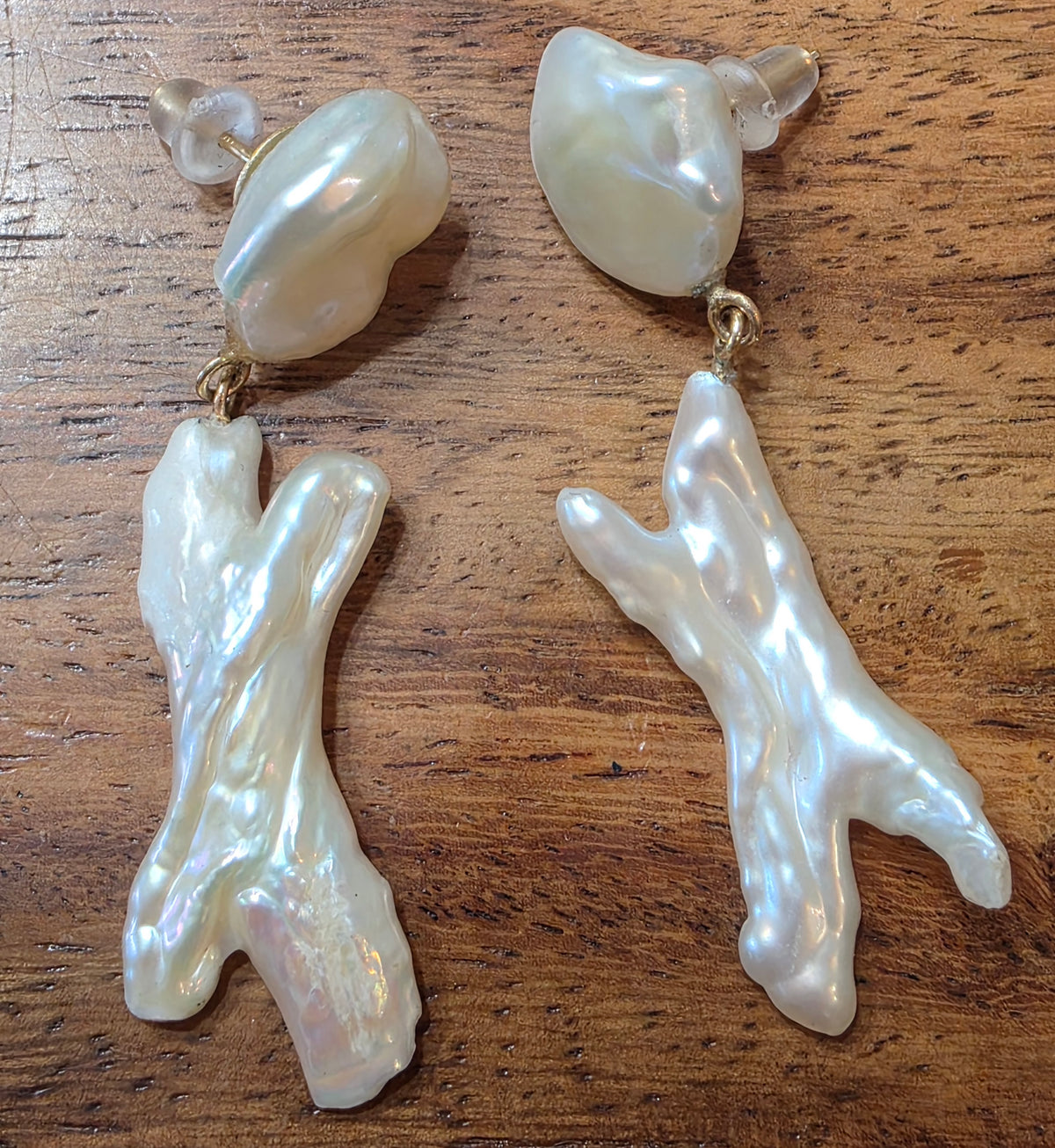 Estate 14k Yellow Gold Organic Biwa Stick & Coin Baroque Pearl Drop Earrings