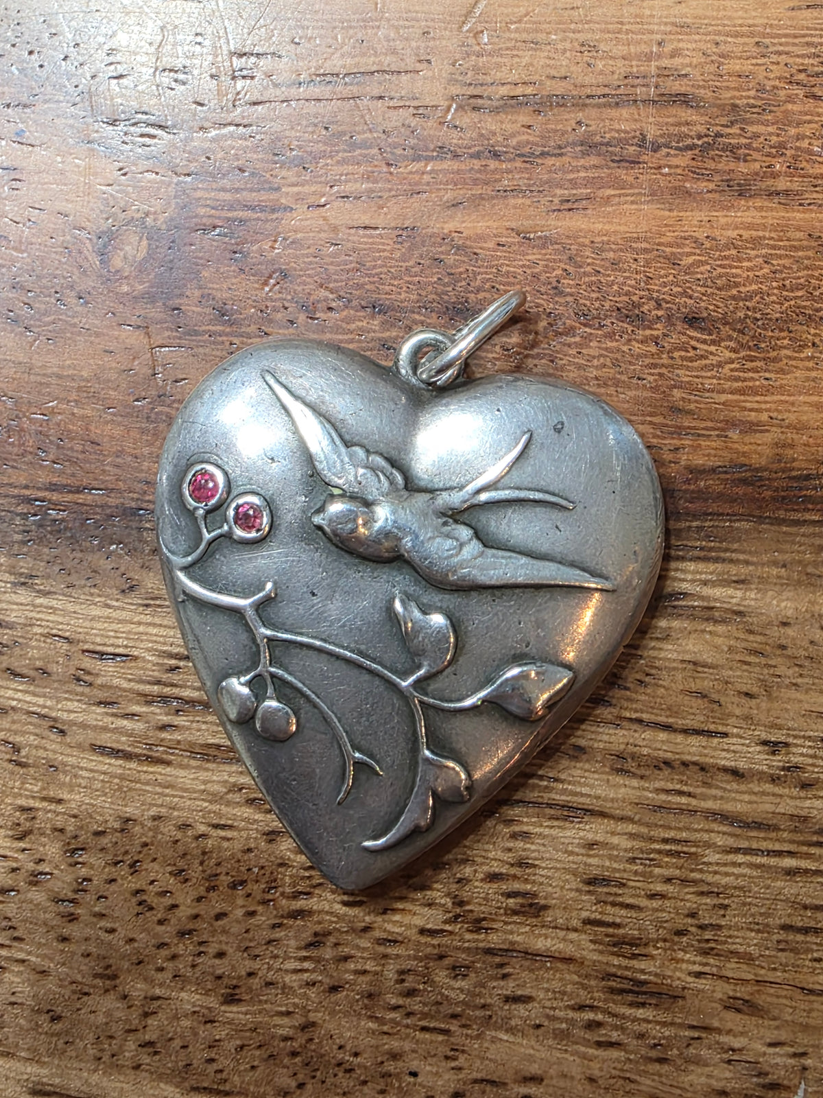 Antique European 800 Silver Puffy Heart Pendant Victorian Swallow & Ruby Berries