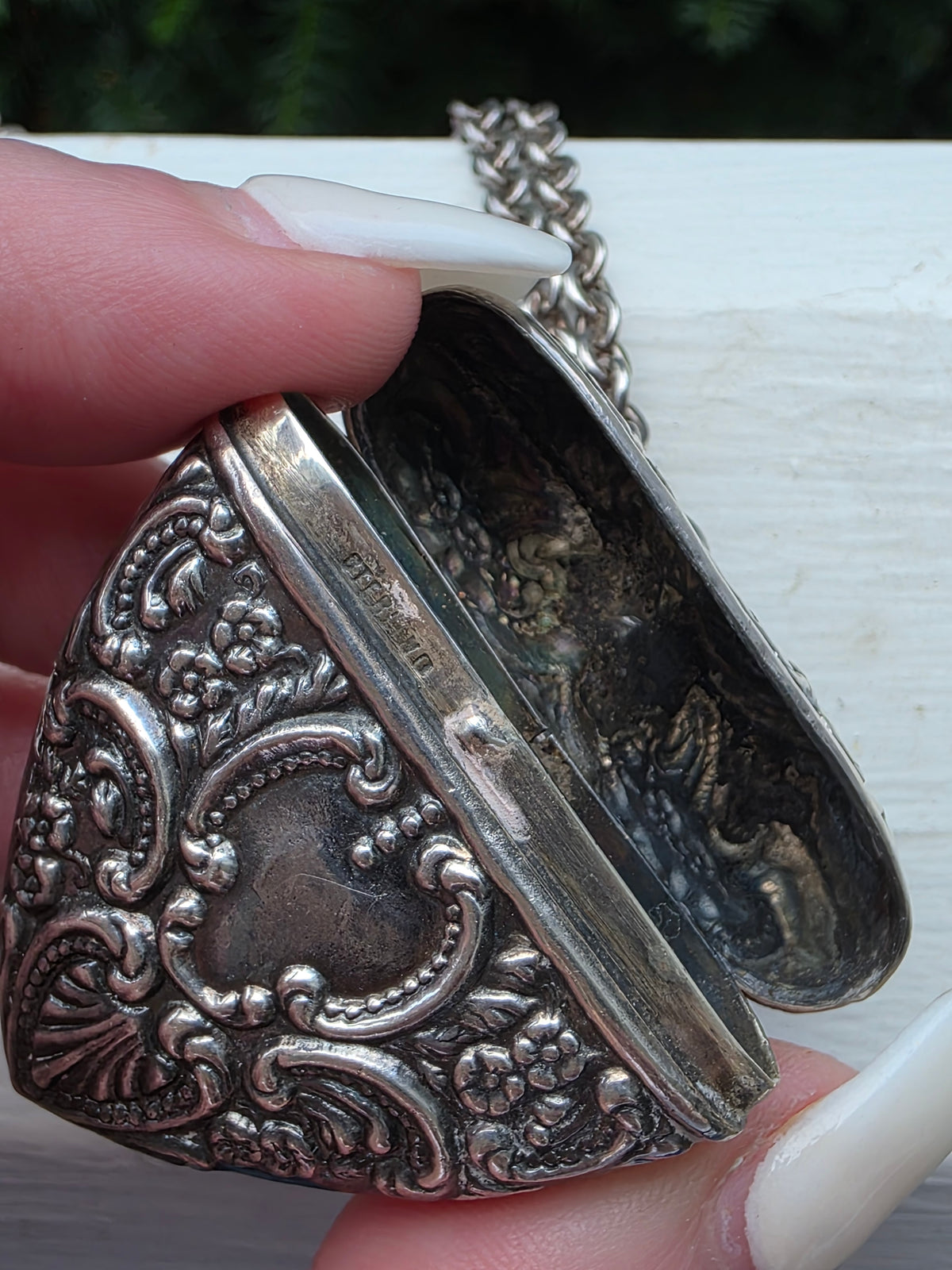 Antique Sterling Silver Repousse Heart Vesta Pendant Necklace