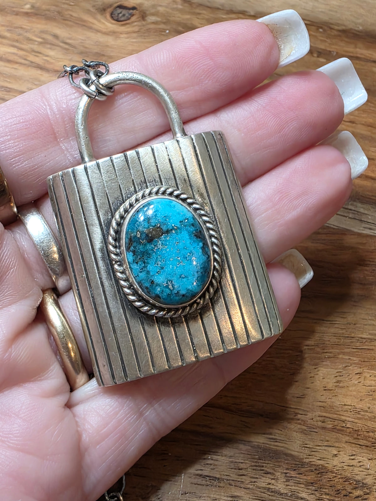 Navajo Bea Johnson Sterling Silver Turquoise Padlock Style Necklace