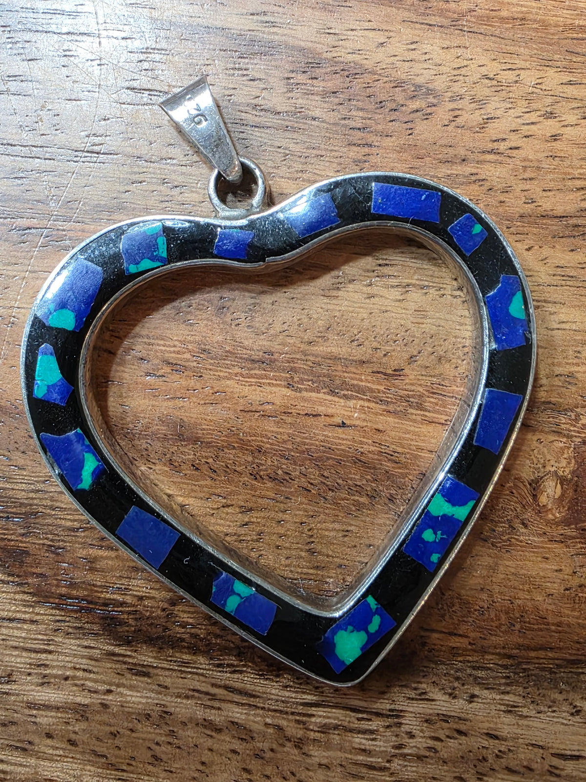 Vintage Sterling Silver Azurite Malachite Enamel Heart Pendant Mexico
