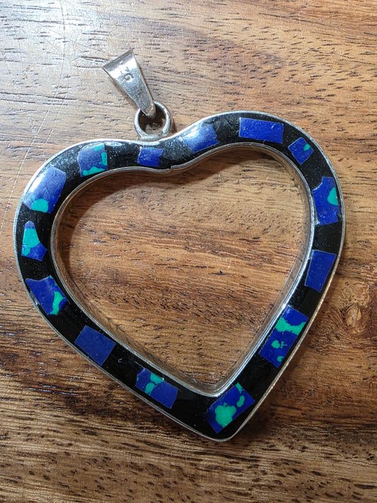 Vintage Sterling Silver Azurite Malachite Enamel Heart Pendant Mexico