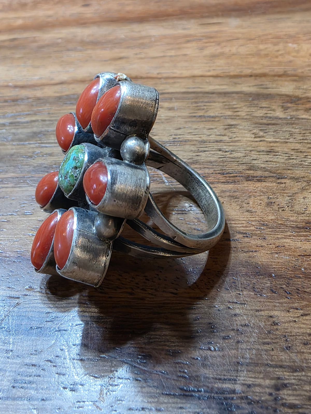 Navajo Mediterranean Coral & Green Turquoise Cluster Ring