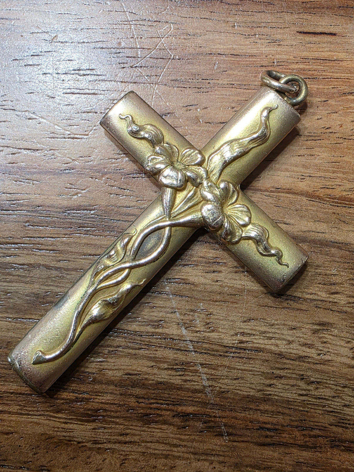 Art Nouveau Gold-Filled Floral Embossed Tube Cross Pendant