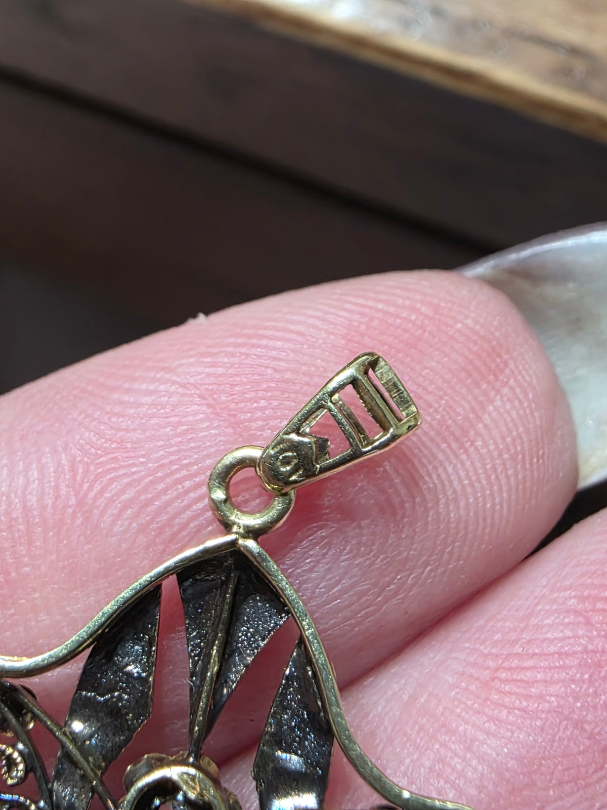 Antique Edwardian 10k Two Tone Gold Filigree Diamond & Sapphire Lavalier Pendant