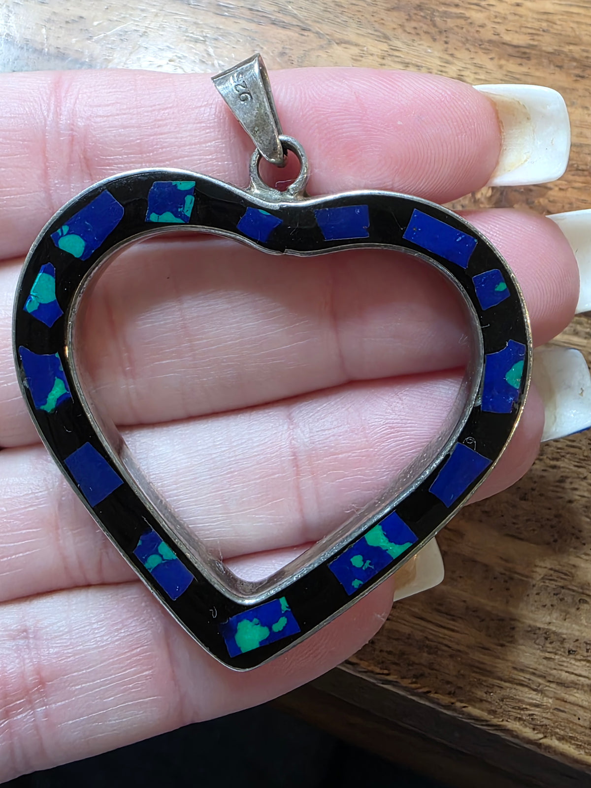 Vintage Sterling Silver Azurite Malachite Enamel Heart Pendant Mexico
