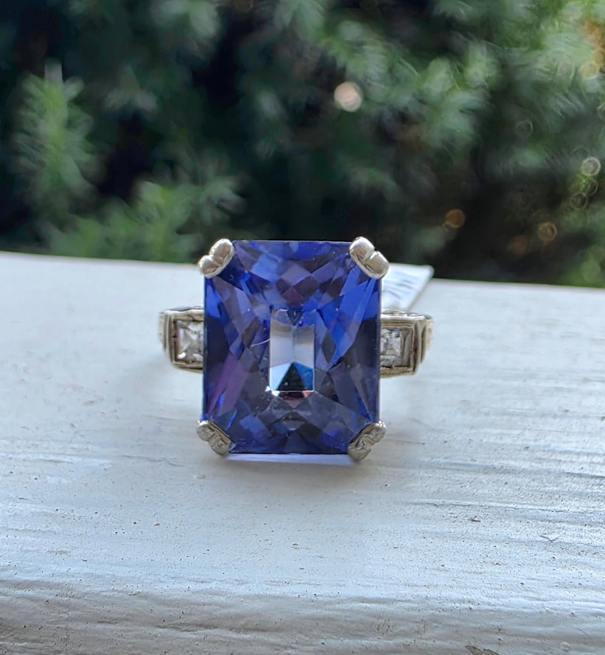 Vintage 14k White Gold Synthetic Sapphire & White Topaz Ring