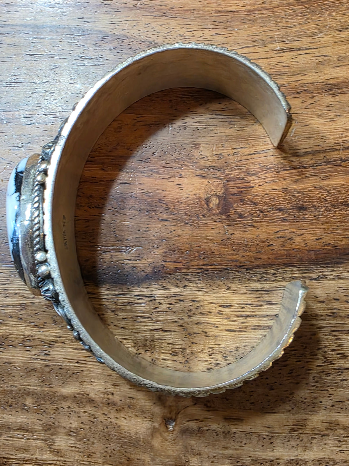 Navajo White Buffalo Wide Ornate Sterling Silver Cuff Bracelet Signed J.O. White