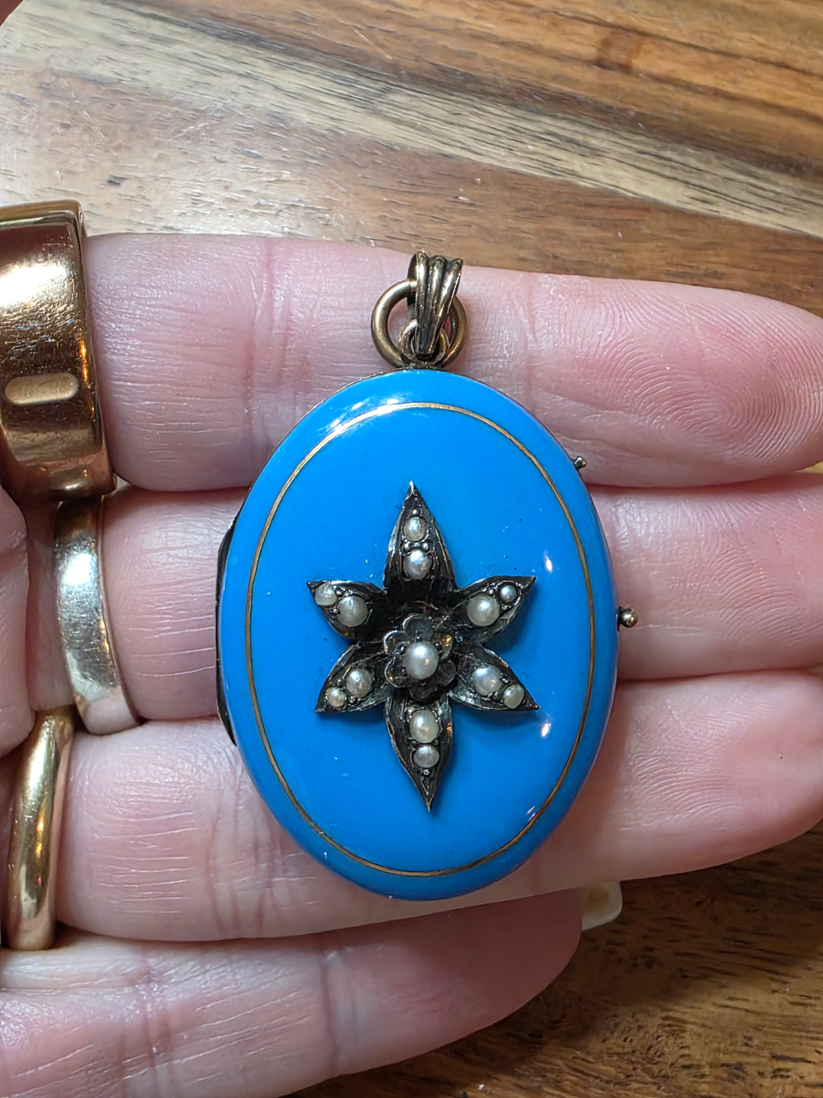 Antique Victorian 10k Robin's Egg Blue Enamel & Seed Pearl Locket