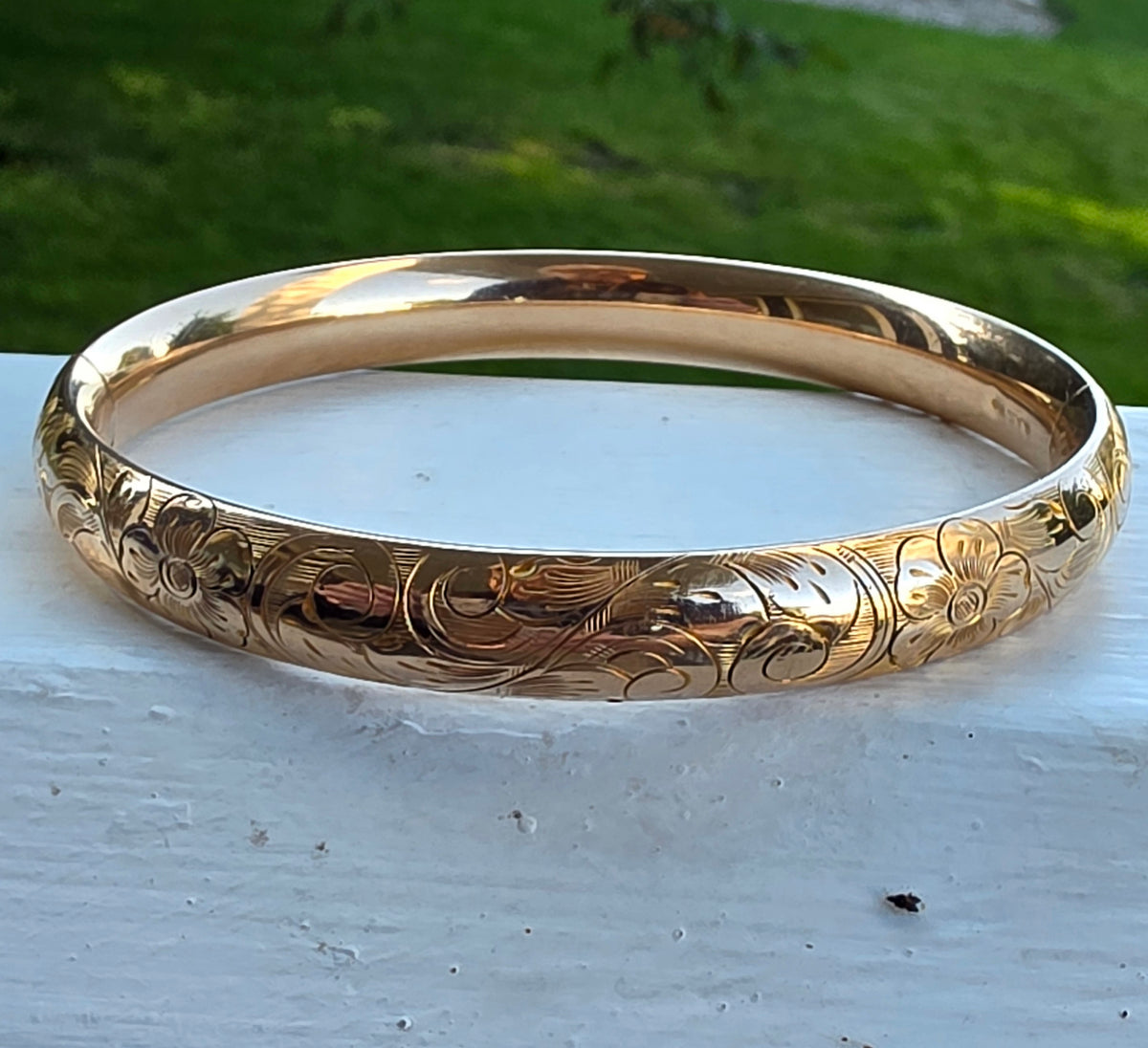 Victorian 1/10 Gold Filled Hinged Bangle Bracelet, Floral Design by A.A. Greene