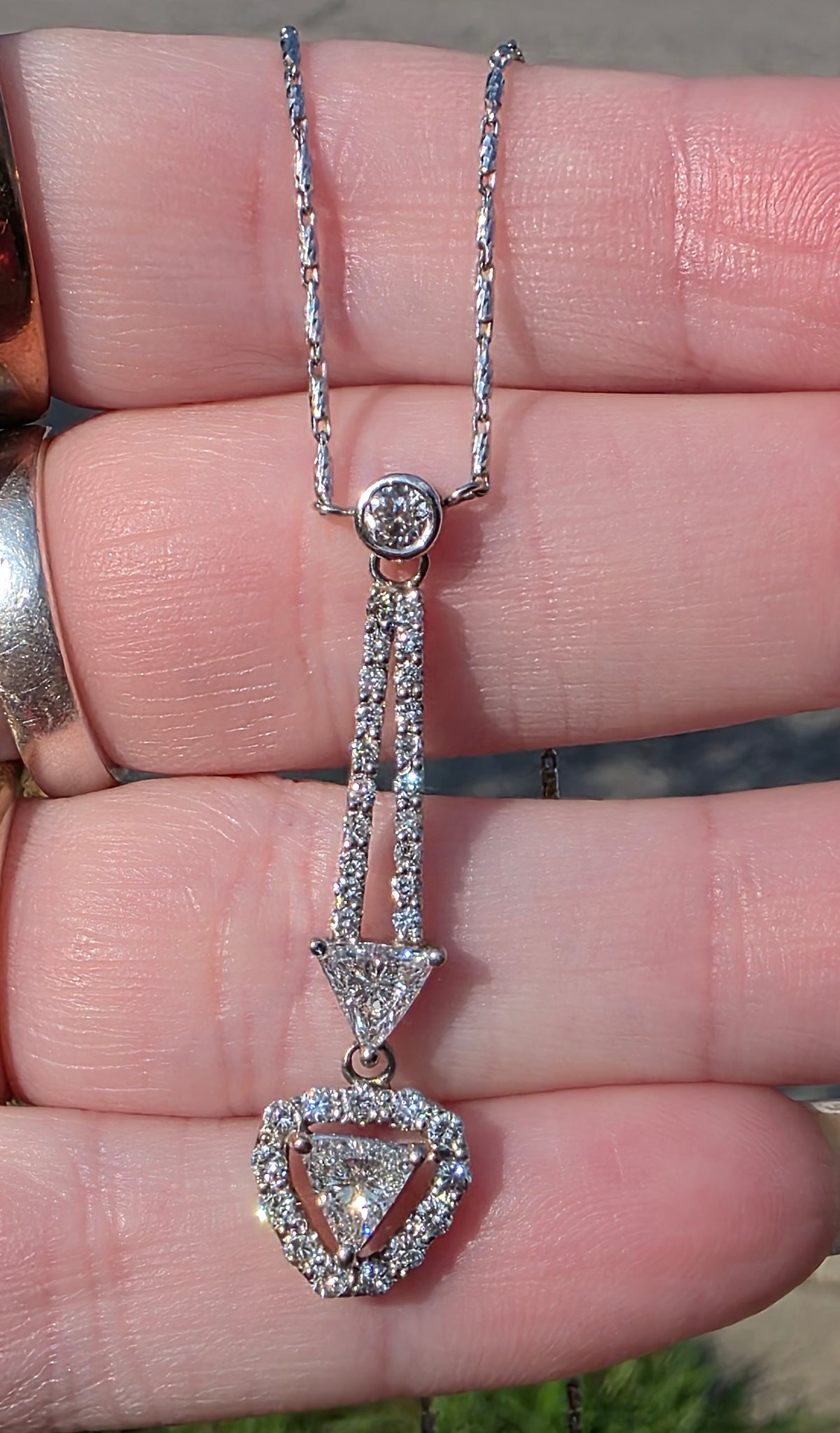 Estate 14k White Gold Trillion Cut Natural Diamond Lavalier Necklace, 2ctw