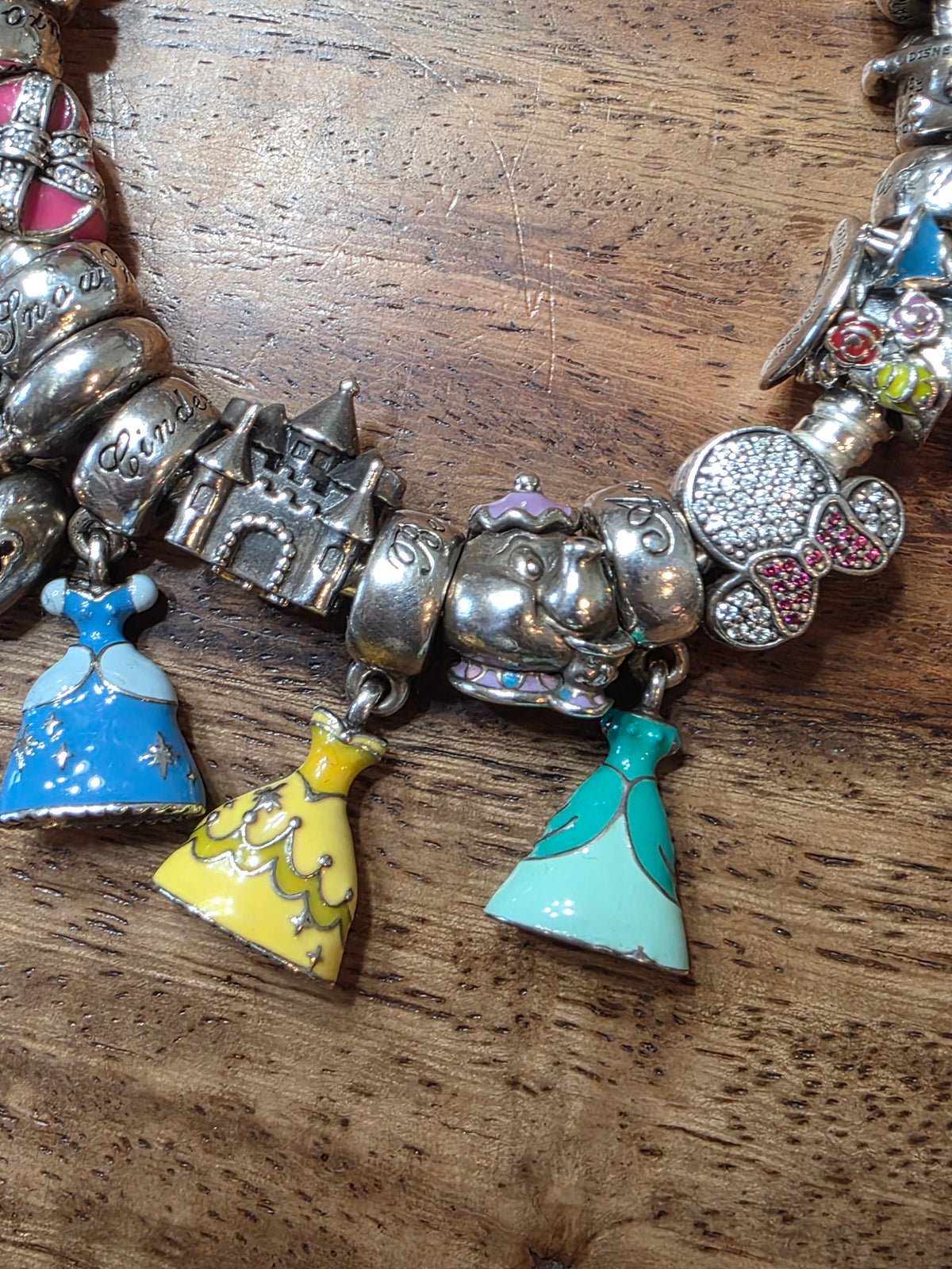 Authentic Pandora Disney Princess Charm Bracelet - 17 Charms Inc. 7 Dresses, 925