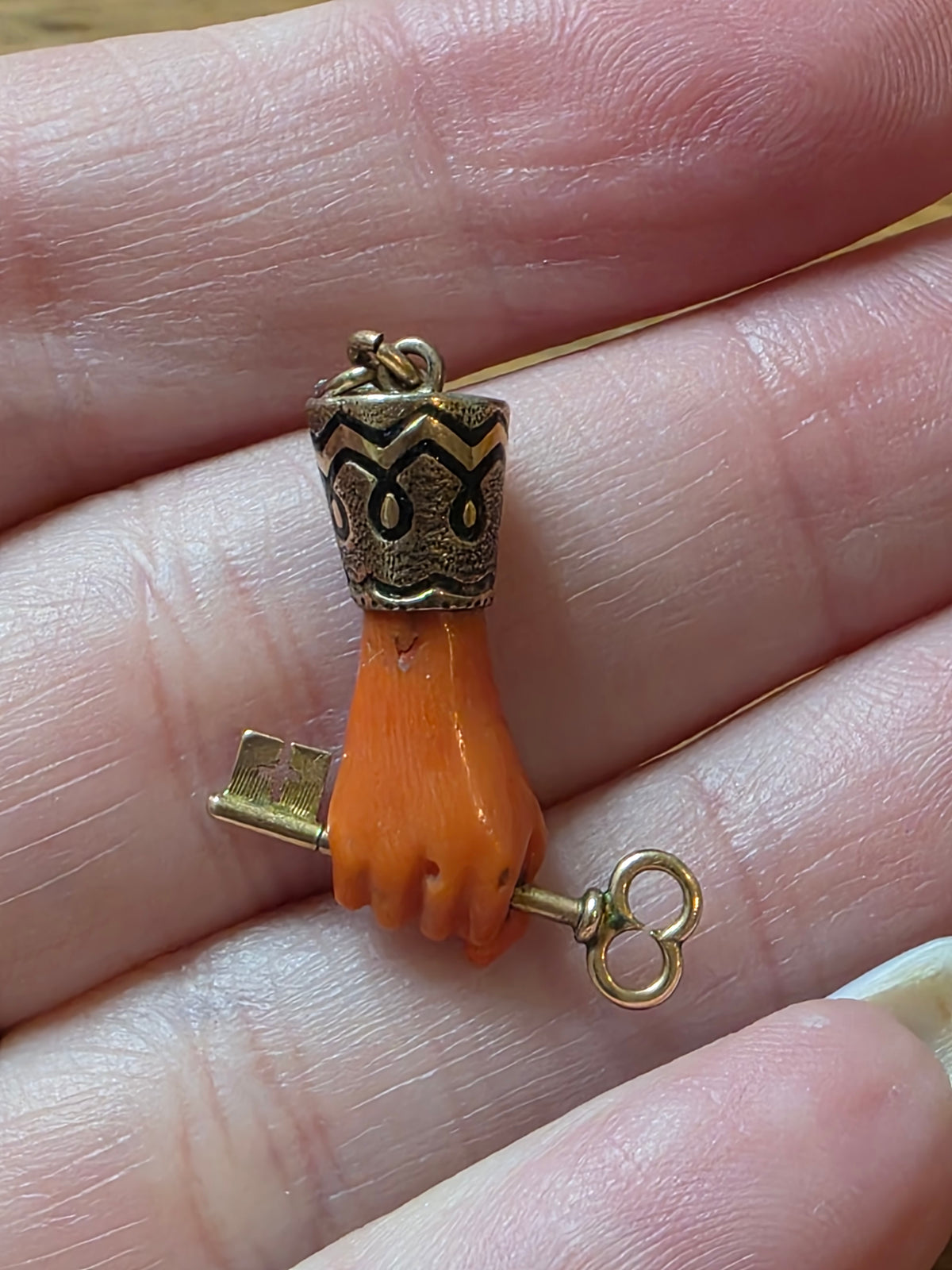 Antique 14k & 10k Carved Coral Hand Pendant Charm