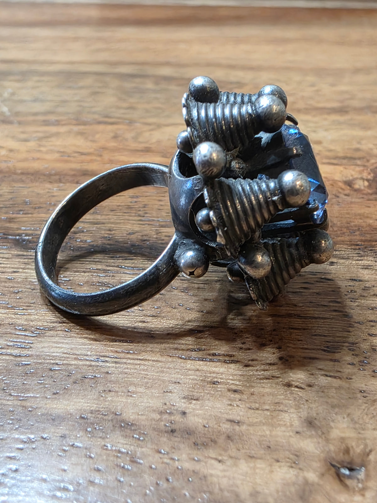 Vintage 925 Sterling Blue Topaz Flower Dome Cocktail Ring Tribal Modernist