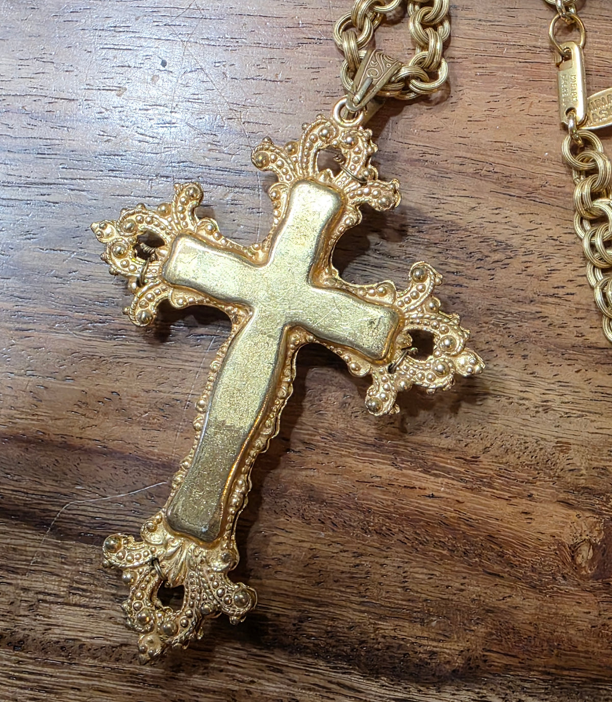 Vintage Miriam Haskell Baroque Cross Pendant Necklace Russian Gold Faux Pearls
