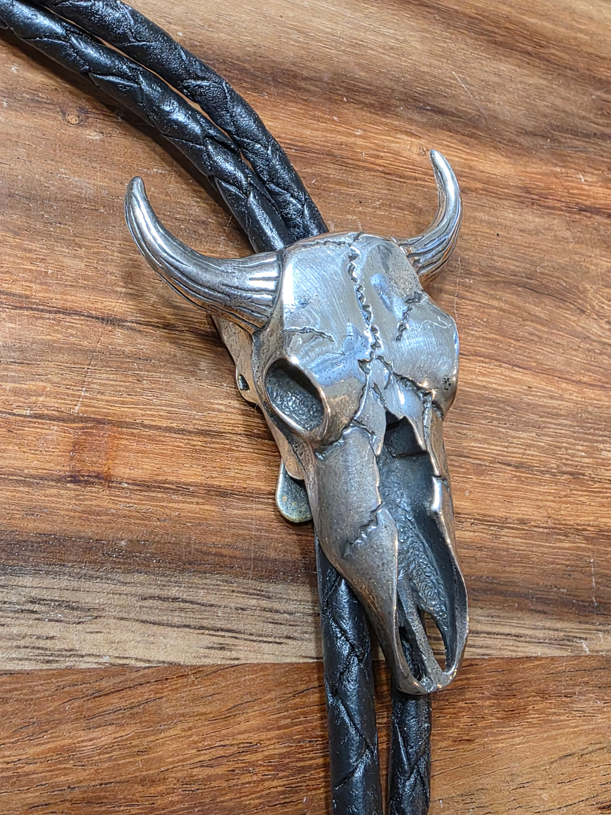 Vintage Southwestern Sterling 925 Highly Detailed Steer Skull Bolo Tie Necklace