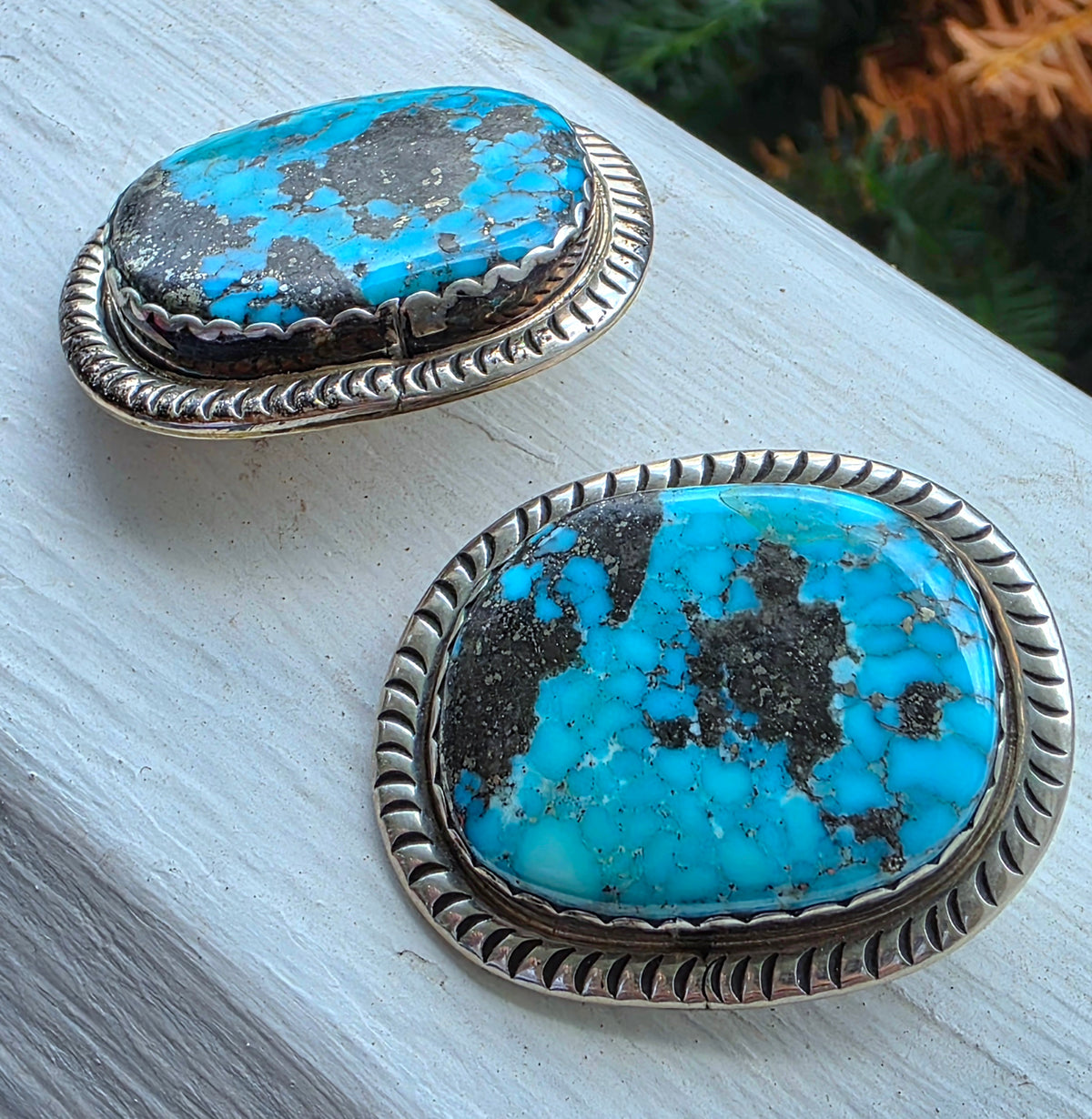 Vintage Navajo "JR" Sterling Silver Morenci Turquoise Clip Earrings