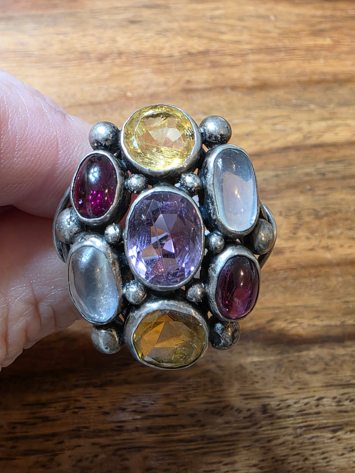 Retro 1930s Era Multi-Gemstone Sterling Ring, Moonstone Garnet Citrine