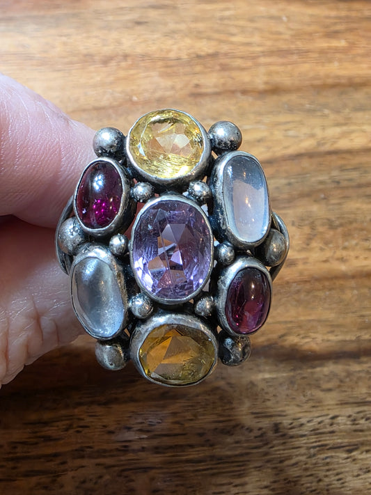 Retro 1930s Era Multi-Gemstone Sterling Ring, Moonstone Garnet Citrine