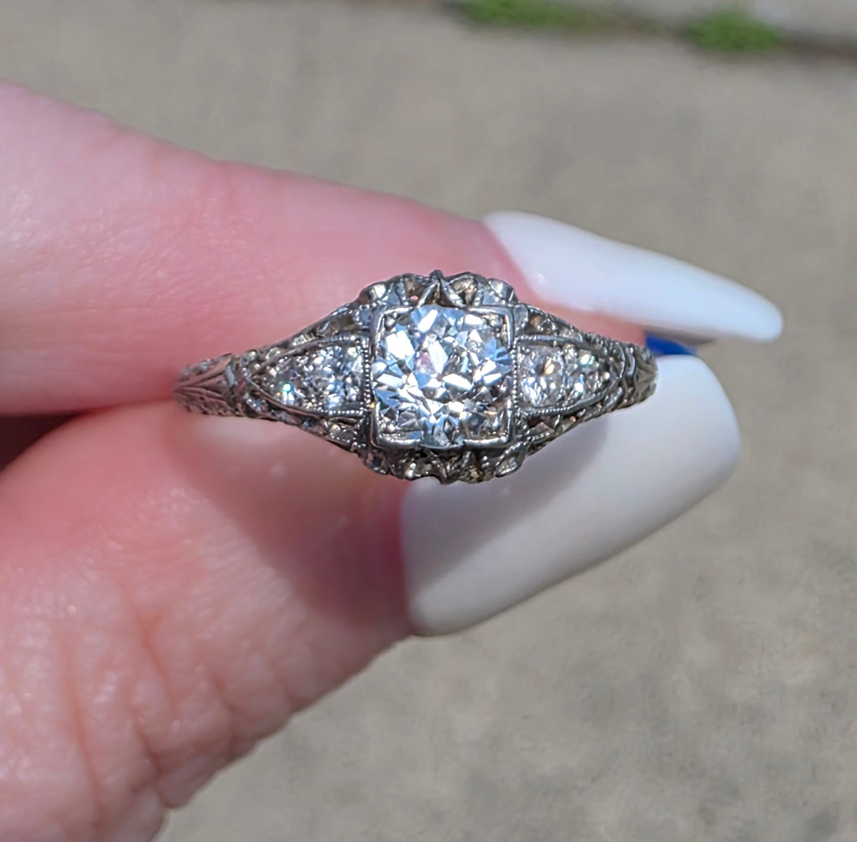Art Deco Platinum Diamond Filigree Ring, .76ctw