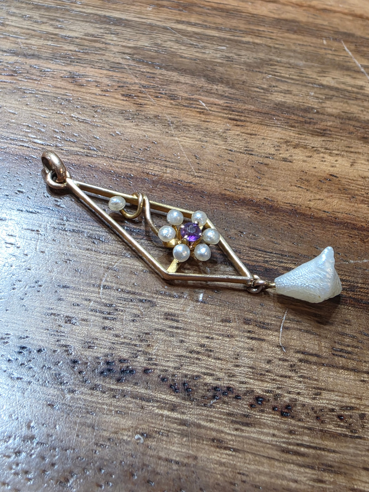 Antique Edwardian Era 10k Yellow Gold Amethyst & Pearl Lavalier Pendant