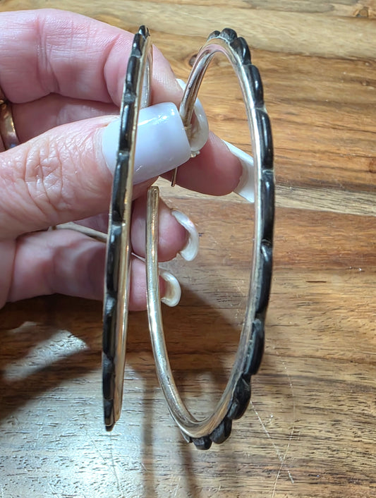 Large Federico Jimenez Sterling Silver Black Onyx Hoop Earrings 2 7/8"