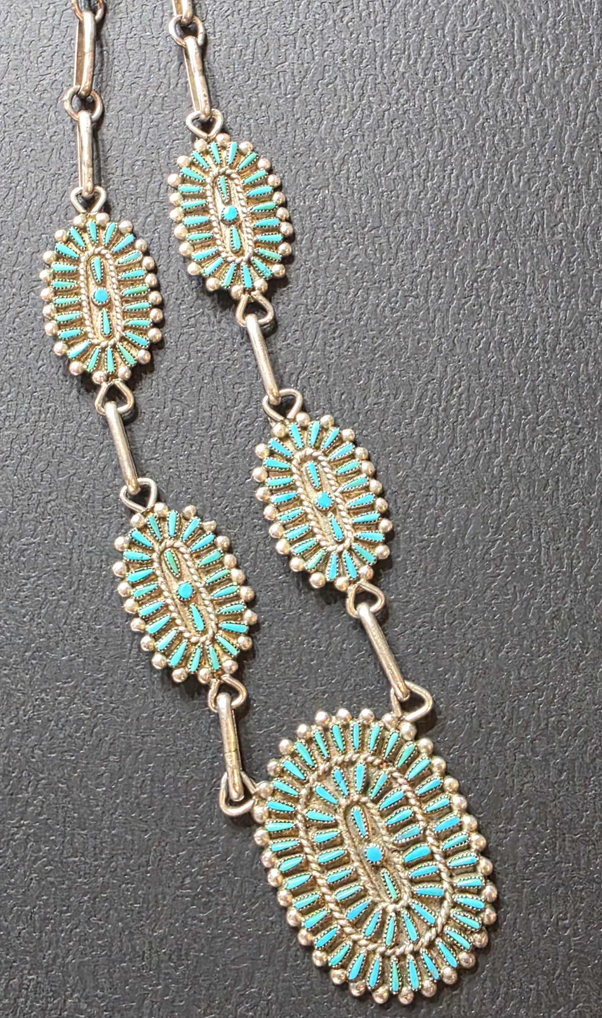Vintage Zuni R.Q. Panteah Turquoise Needlepoint Sterling Silver Cluster Necklace