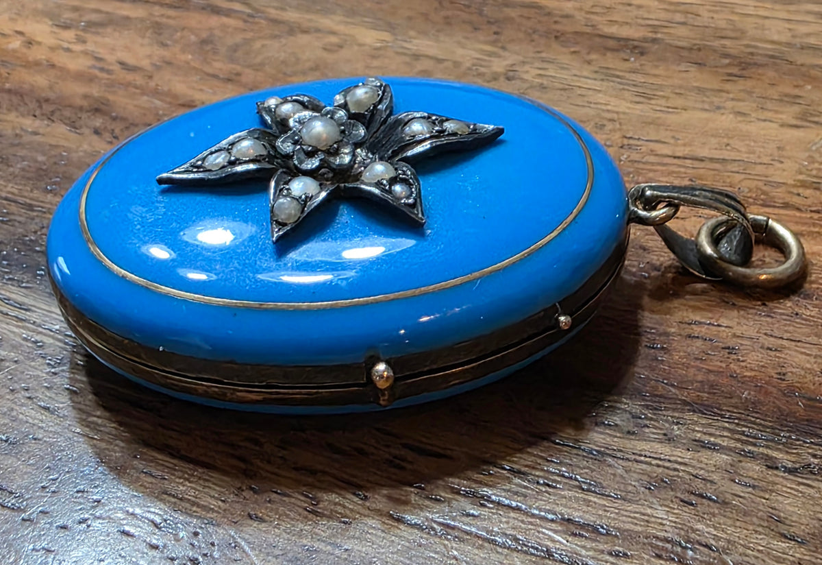 Antique Victorian 10k Robin's Egg Blue Enamel & Seed Pearl Locket