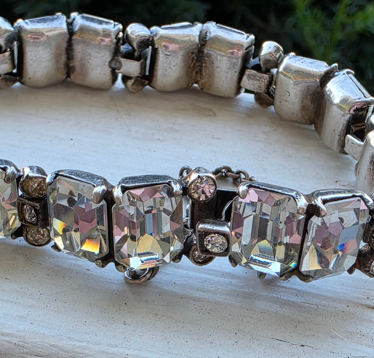 Vtg 1940s Eisenberg Original Sterling Silver Emerald Cut Rhinestone Bracelet