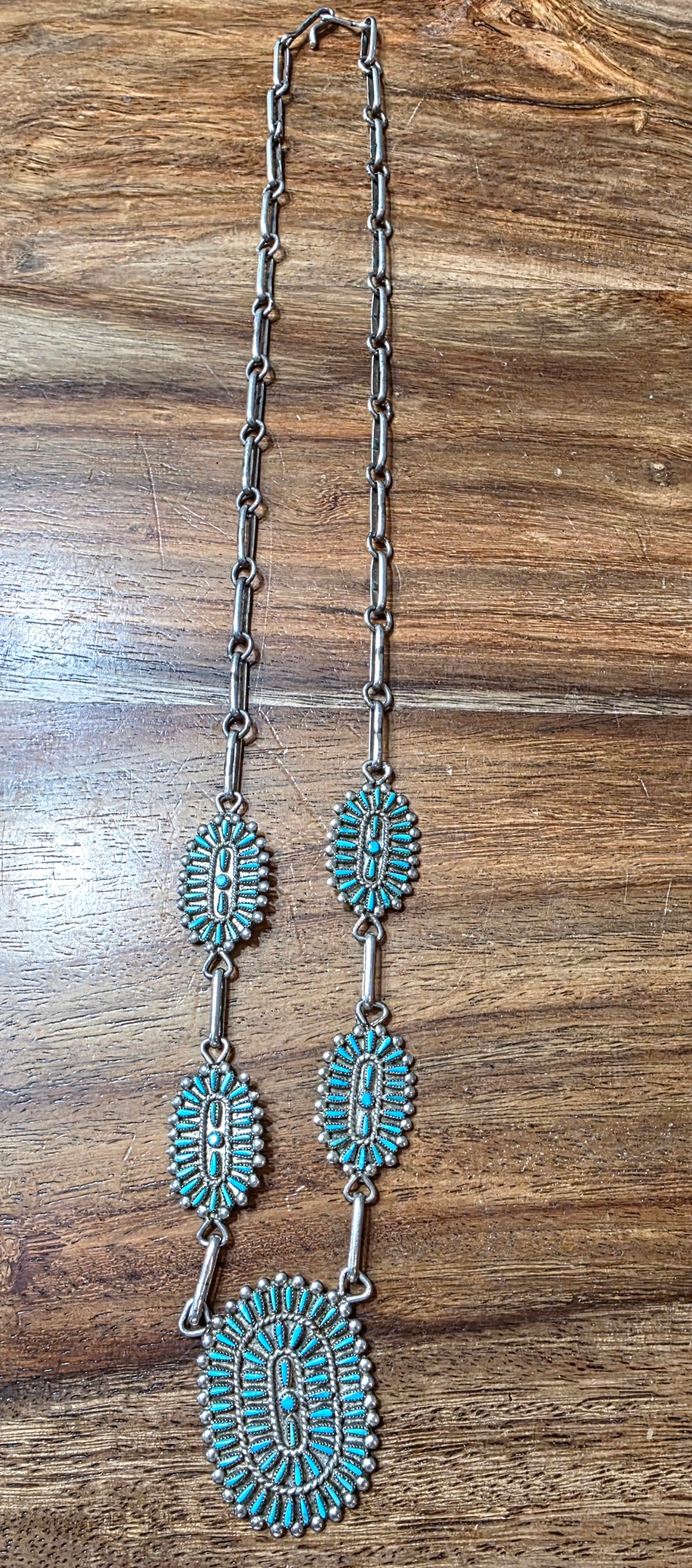 Vintage Zuni R.Q. Panteah Turquoise Needlepoint Sterling Silver Cluster Necklace
