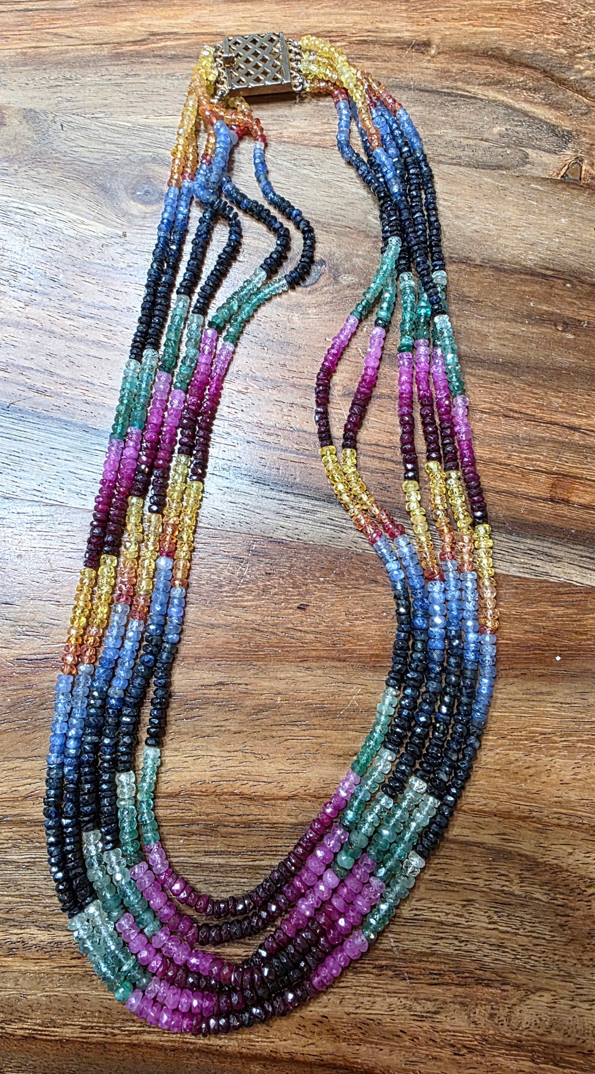 6-Strand Natural Sapphire Emerald & Ruby Faceted Bead Necklace Gold-Plated Clasp
